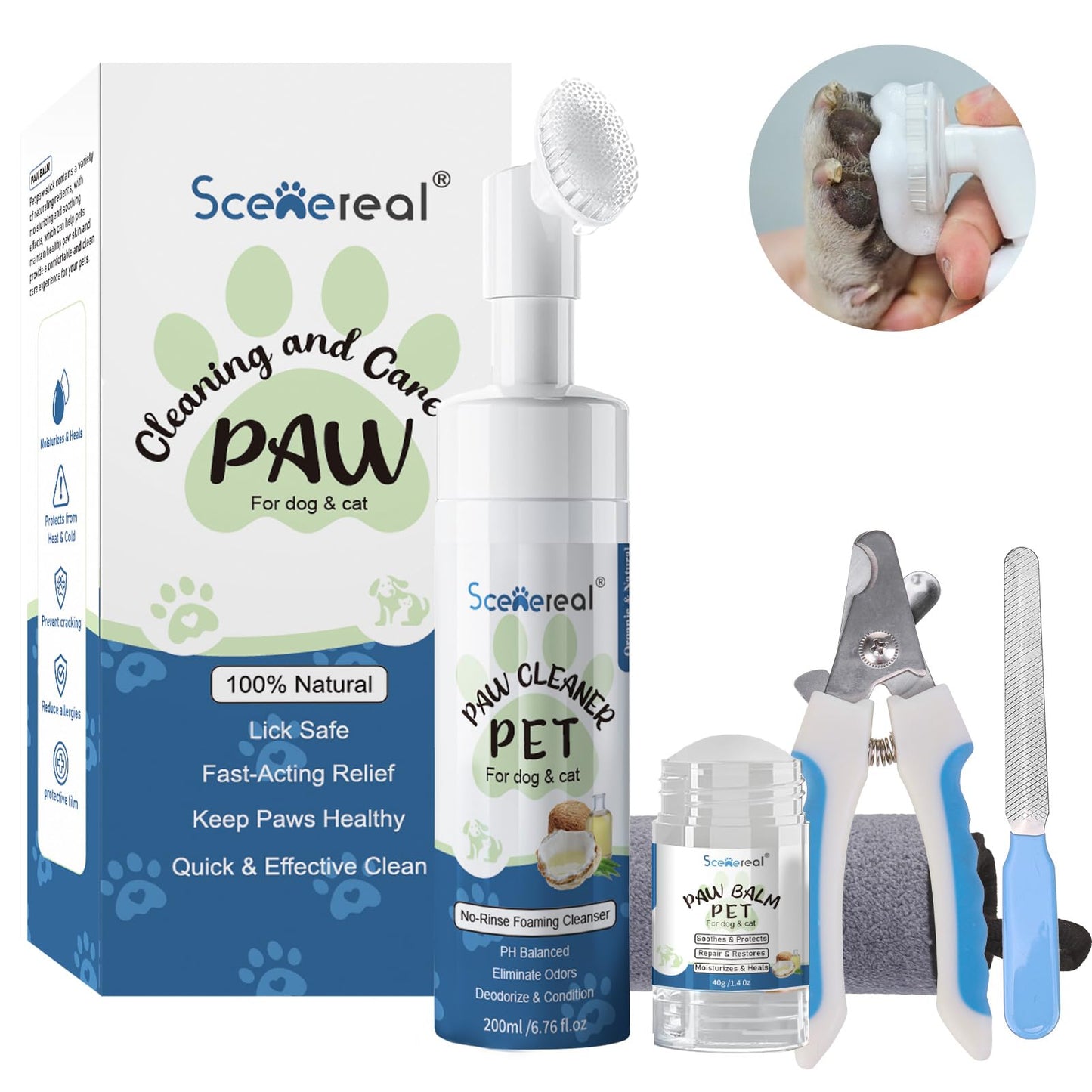 SCENEREAL Dog Paw Care Kit for Repairs Dry Cracked Paws & Nose No-Rinse Foaming Cleaner & Balm & Nail Clipper File Set Pet Foot Washer Paw Scrubber Brush for Large Medium Small XL Breed Dogs Cats