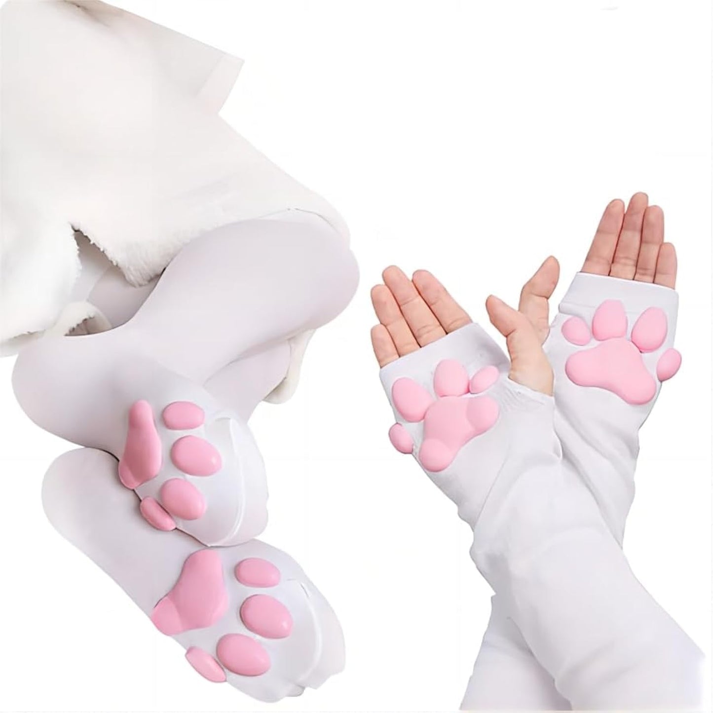 xbuk Cat Paw Socks and Paw Gloves SetPink Cute Thigh High Socks for Girls Women Cosplay3d Kitten Claw Stockings