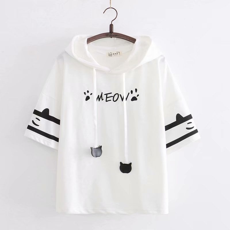 Harajuku Style Cat Paw Embroidery Hooded T-Shirt