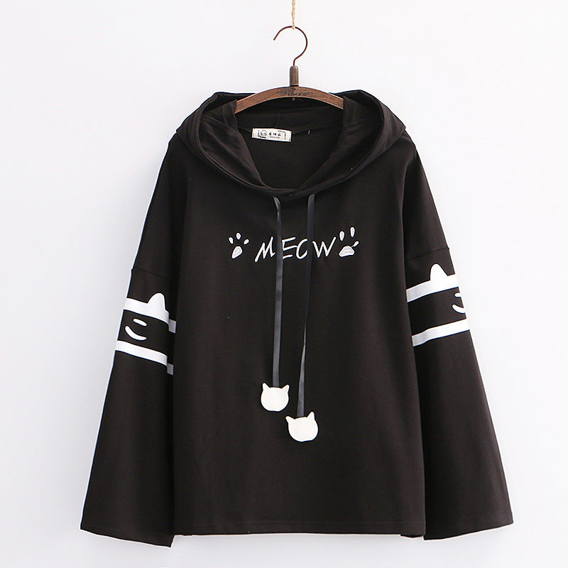 Cute Cartoon Cat Paw Embroidery Long Sleeve Hoodie
