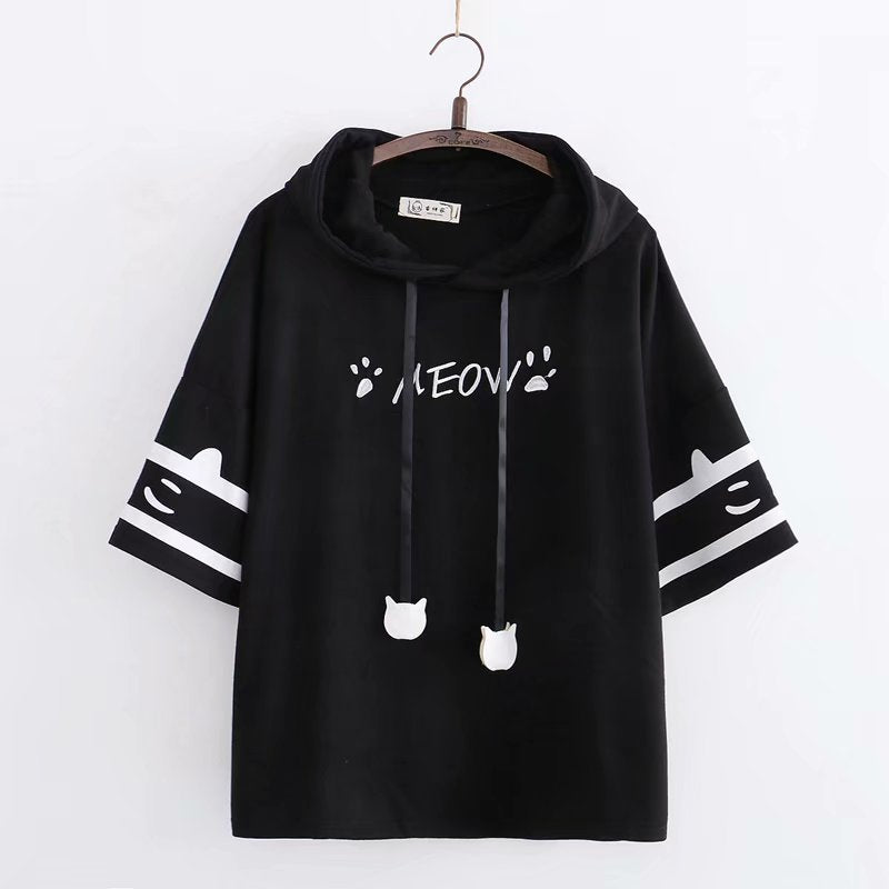 Harajuku Style Cat Paw Embroidery Hooded T-Shirt